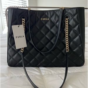 Furla Black Quilted Leather Chain Strap Tote